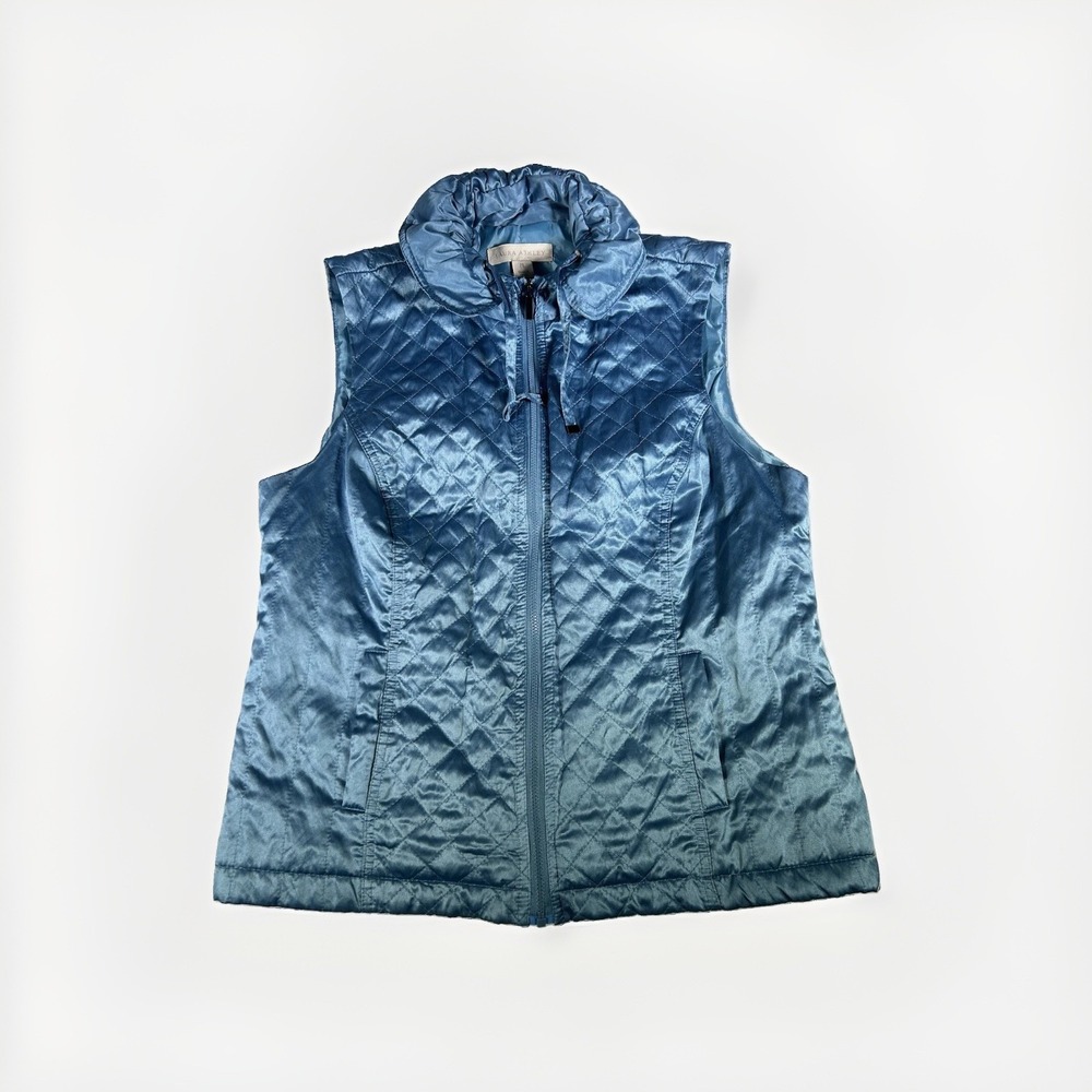 Laura Ashley Satin Quilted Vest L Petite Blue Mermaid Fairycore Y2K Zip Up